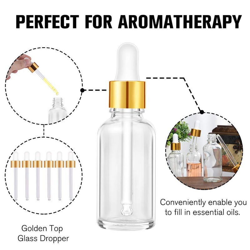 PrettyCare Glass Eye Dropper Bottles 2oz (60ml), 12 Pcs Clear Empty Thick Bottles Bulk with Leakproof Golden Caps - With Labels & Funnels for for Storage, Travel,Essential Oils, DIY Serums, Tincture - Image 4